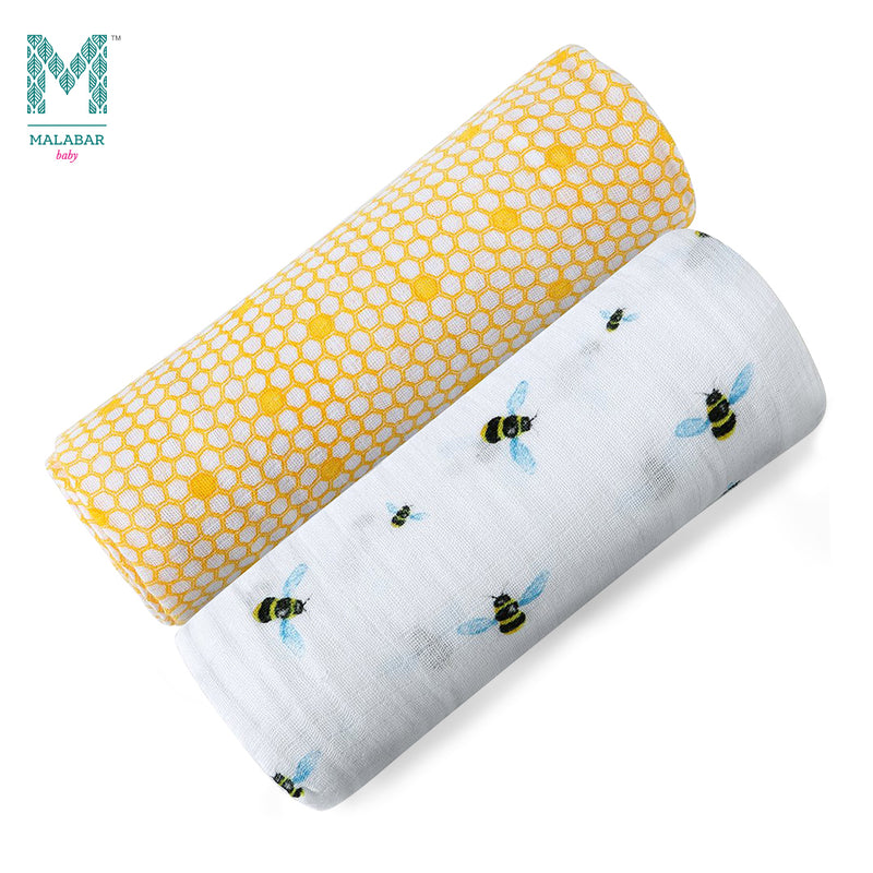 Malabar Baby Organic Muslin Two Pack Swaddle - Busy Bees