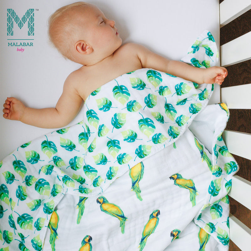 Malabar Baby Organic Muslin Snug Blankets (Reversible)  - Parrots