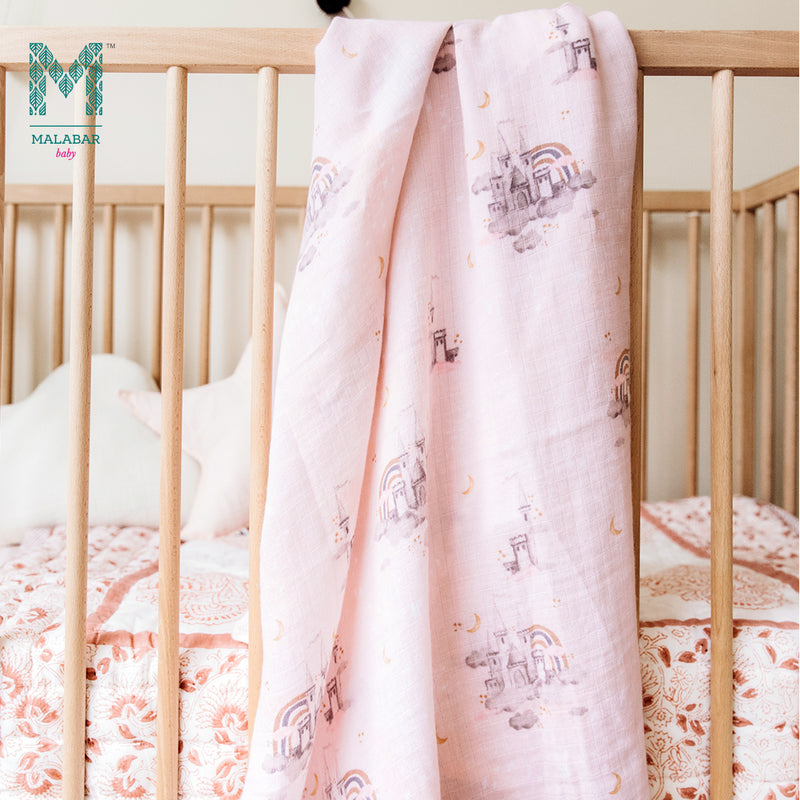 Malabar Baby Organic Muslin Single Swaddle - Pink Castle