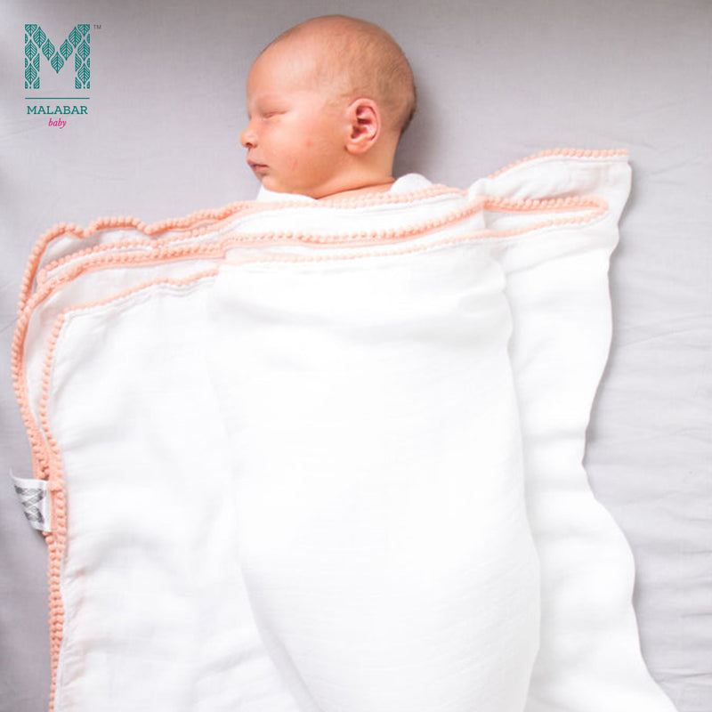 Malabar Baby Bamboo Pom Pom Swaddle - Peach