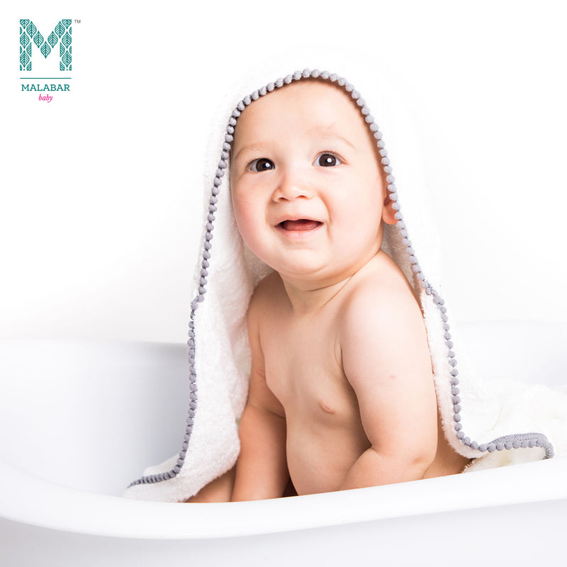 Malabar Baby Bamboo Pom Pom Hooded Towel  - Grey