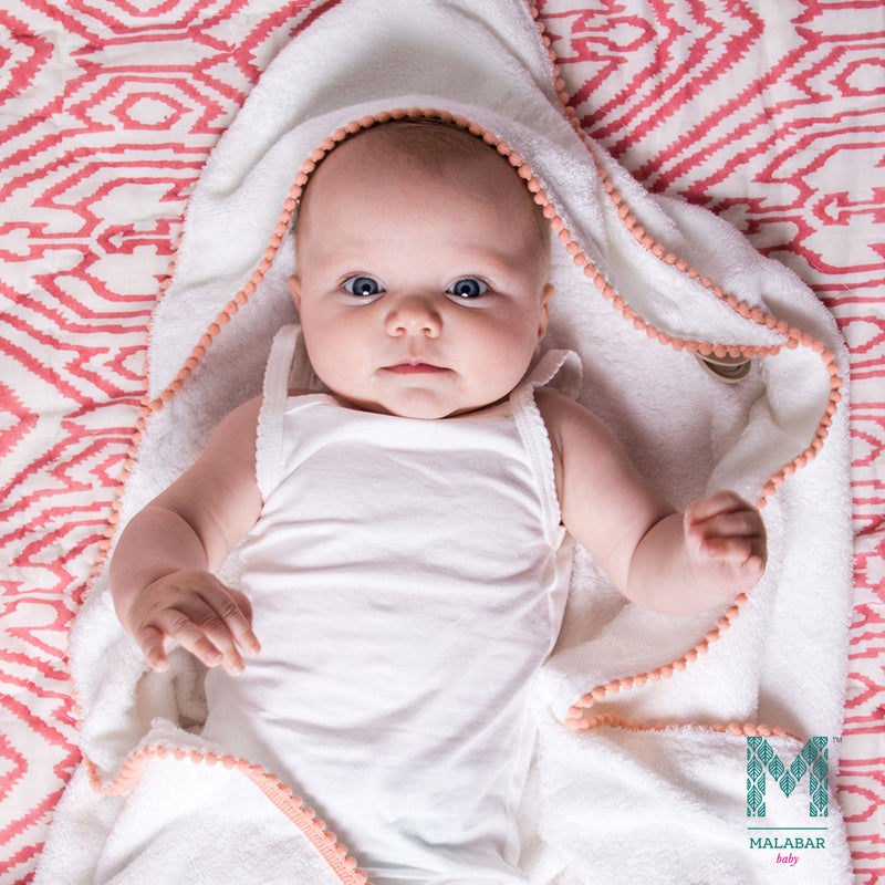 Malabar Baby Bamboo Pom Pom Hooded Towel  - Peach