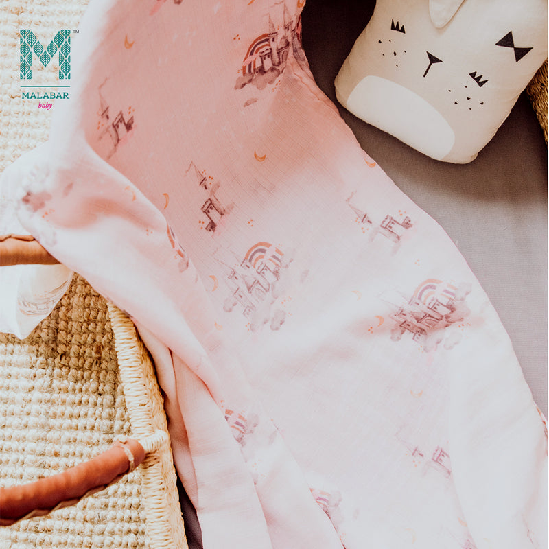 Malabar Baby Organic Muslin Single Swaddle - Pink Castle