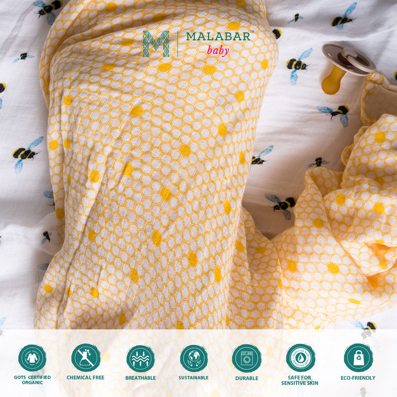 Malabar Baby Organic Muslin Two Pack Swaddle - Busy Bees