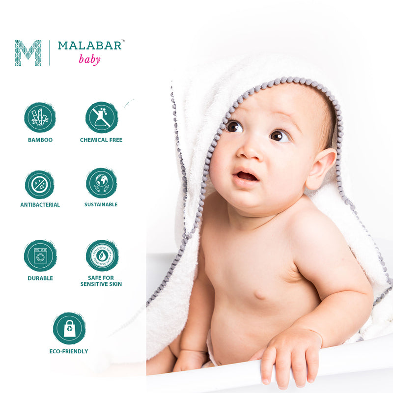 Malabar Baby Bamboo Pom Pom Hooded Towel  - Grey