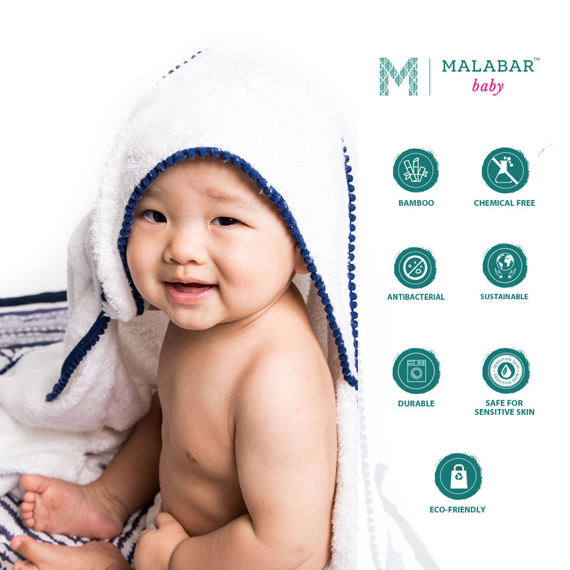 Malabar Baby Bamboo Pom Pom Hooded Towel  - Navy